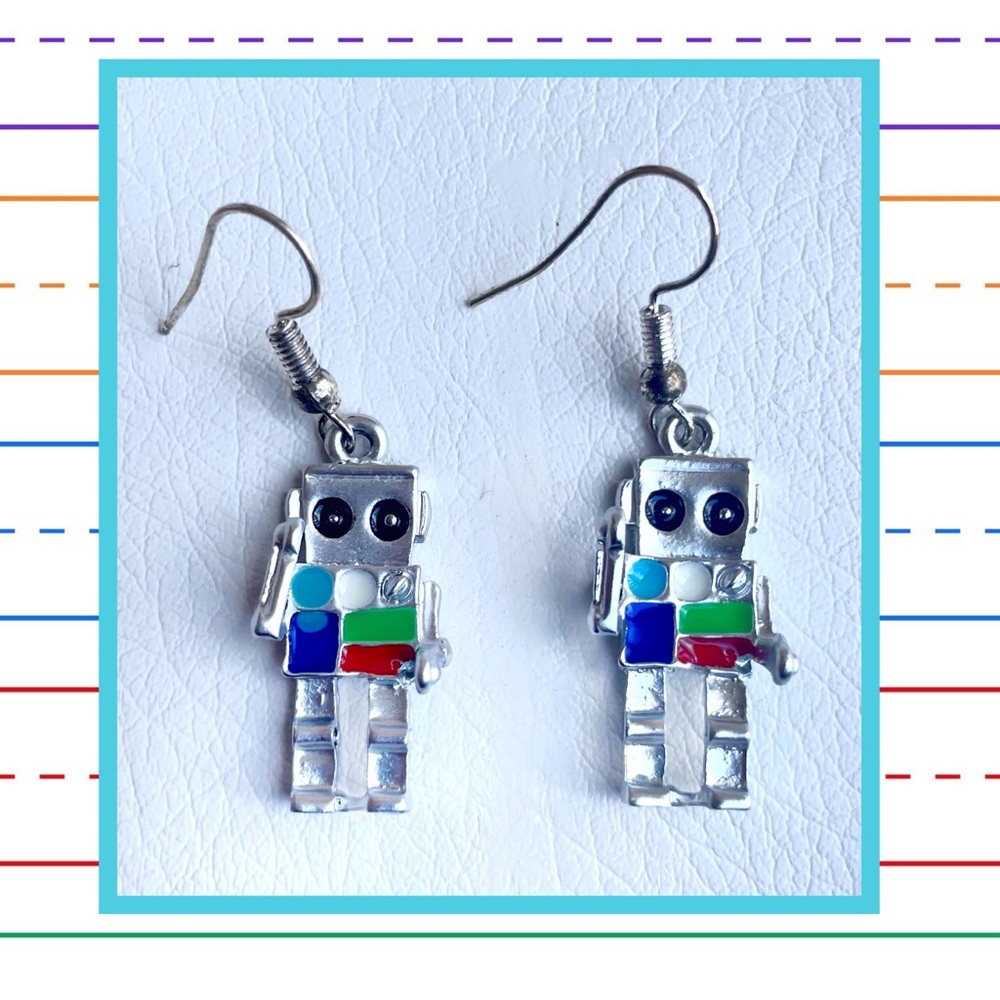 🤖 ROBOT🤖 earrings! Silver and primary colors